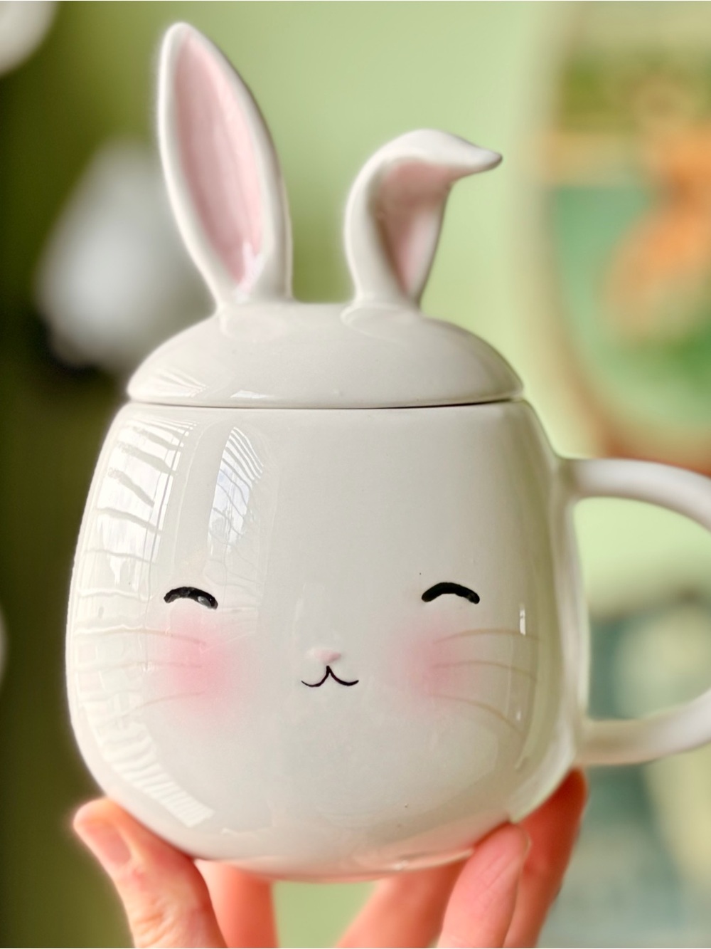 Cute Cottagecore Bunny Ceramic Mug with Lid - White and Pink - Picture 7 of 7